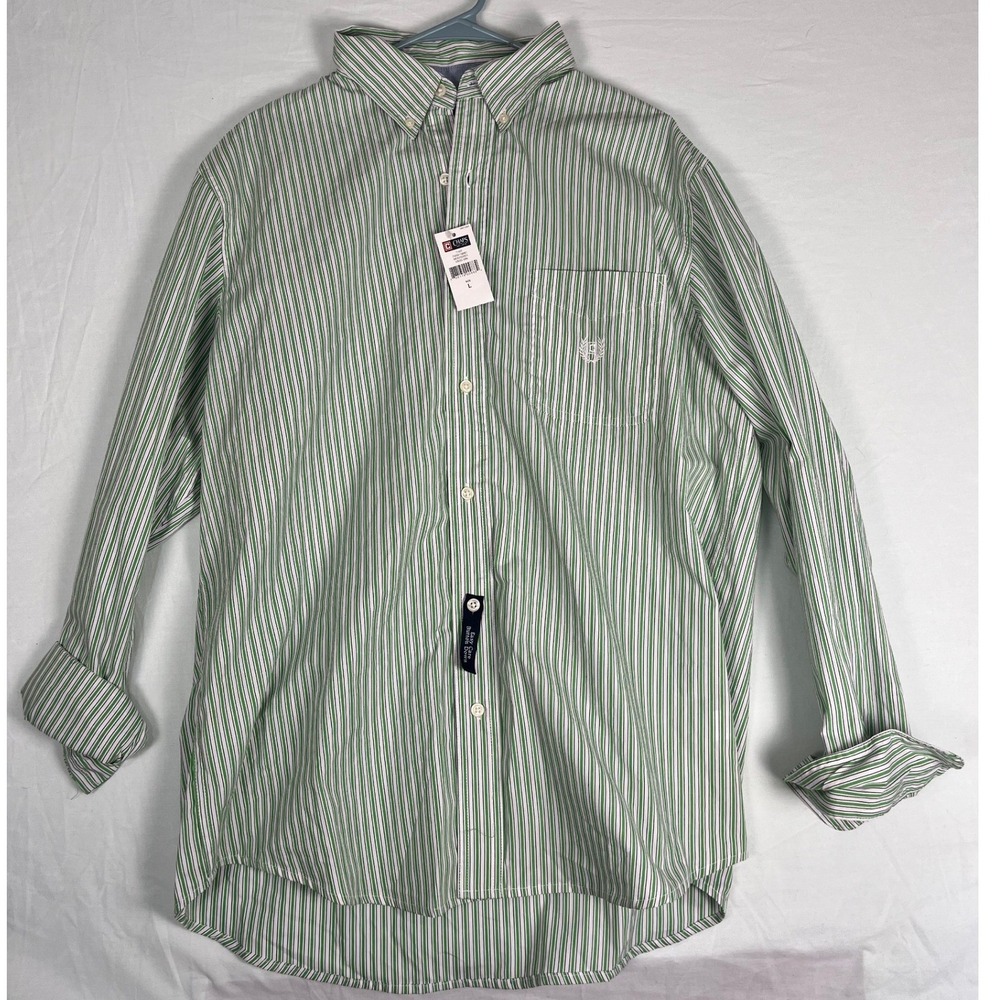 Chaps Button Down Shirt Mens L Green New Monterey Striped Easy Care Long Sleeve